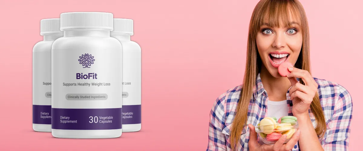 Lady next to bottles of Biofit eating cookies