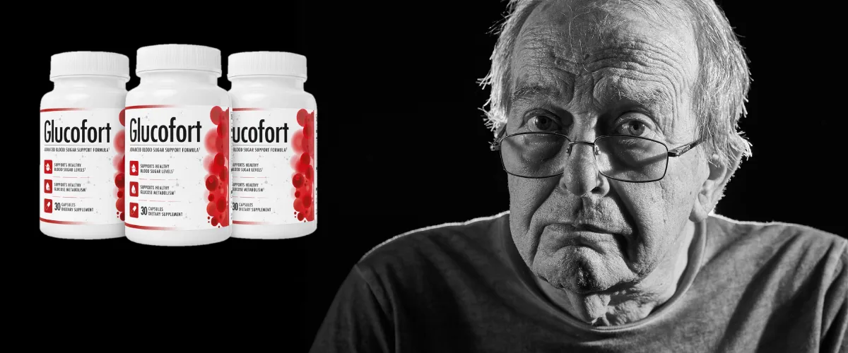 Senior citizen man next to 3 bottles of Glucofort for Blood Sugar Support